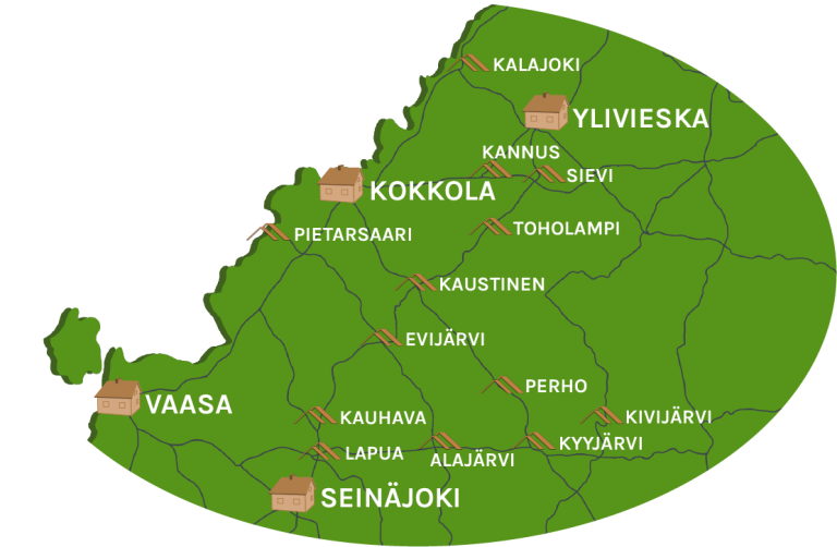 Asennusmestareiden toiminta-alue kartalla, mm. Kokkola, Ylivieska, Kannus, Seinäjoki ja Perho.